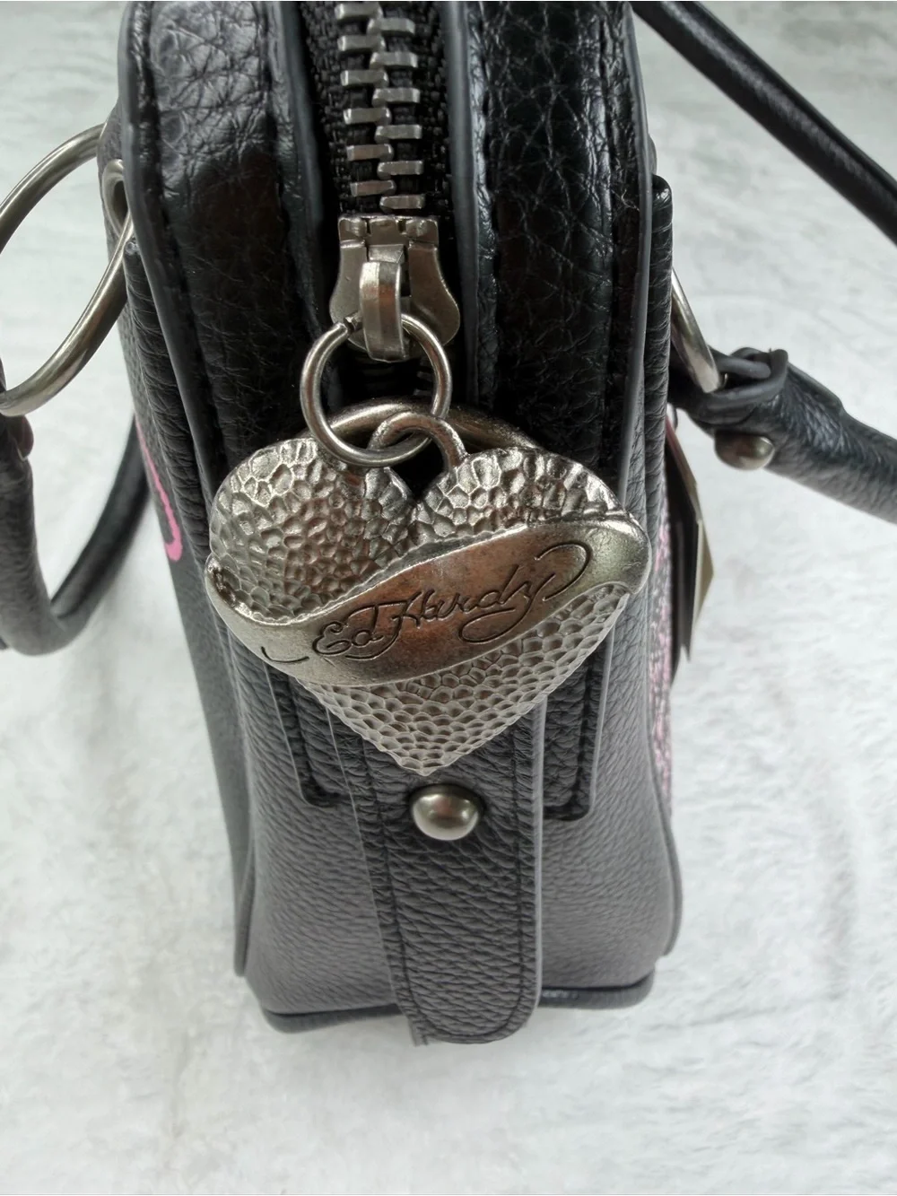 Ed Hardy Black & Pink Swallow Satchel with Bow Accent